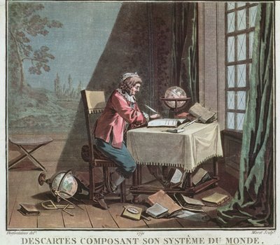 Rene Descartes (1596-1650) writing his world system, engraved by Jean Baptiste Moret, 1791 by Desfontaines